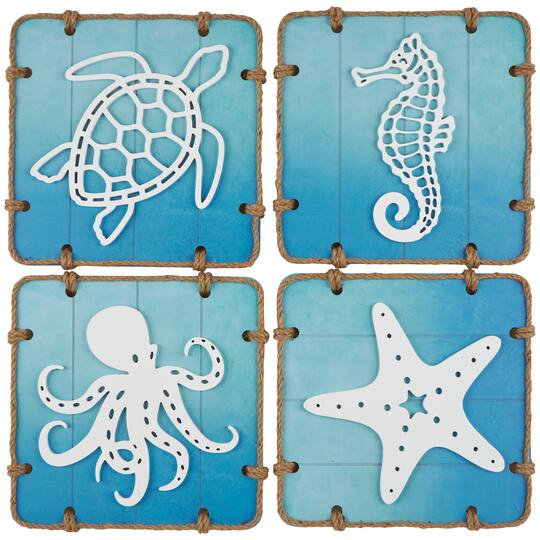 16" x 16" Blue Wooden Sea Life Ombre Wall Decor with Rope Accents Set